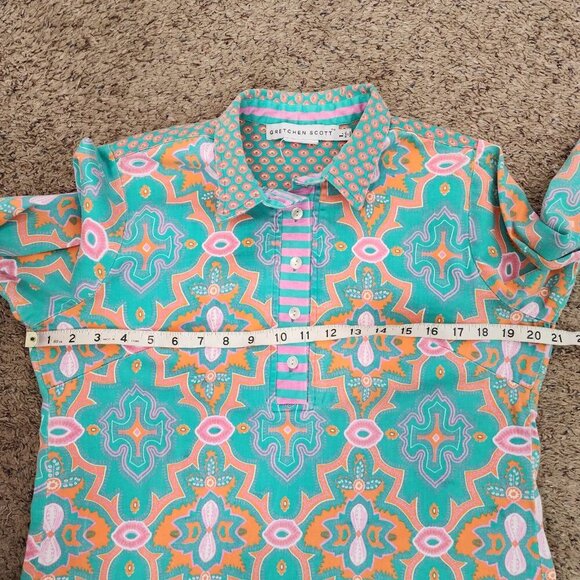 Gretchen Scott Bright Mixed Print Partial Button Front 3/4 Sleeve Popover Top L - Picture 7 of 9